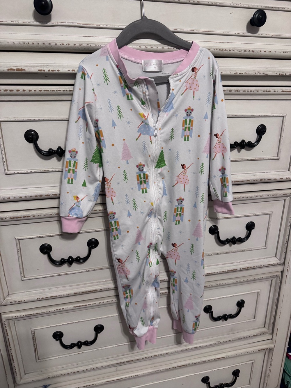 Girls White and Pink Nutcracker Sleeve Zip Pajama One-Piece